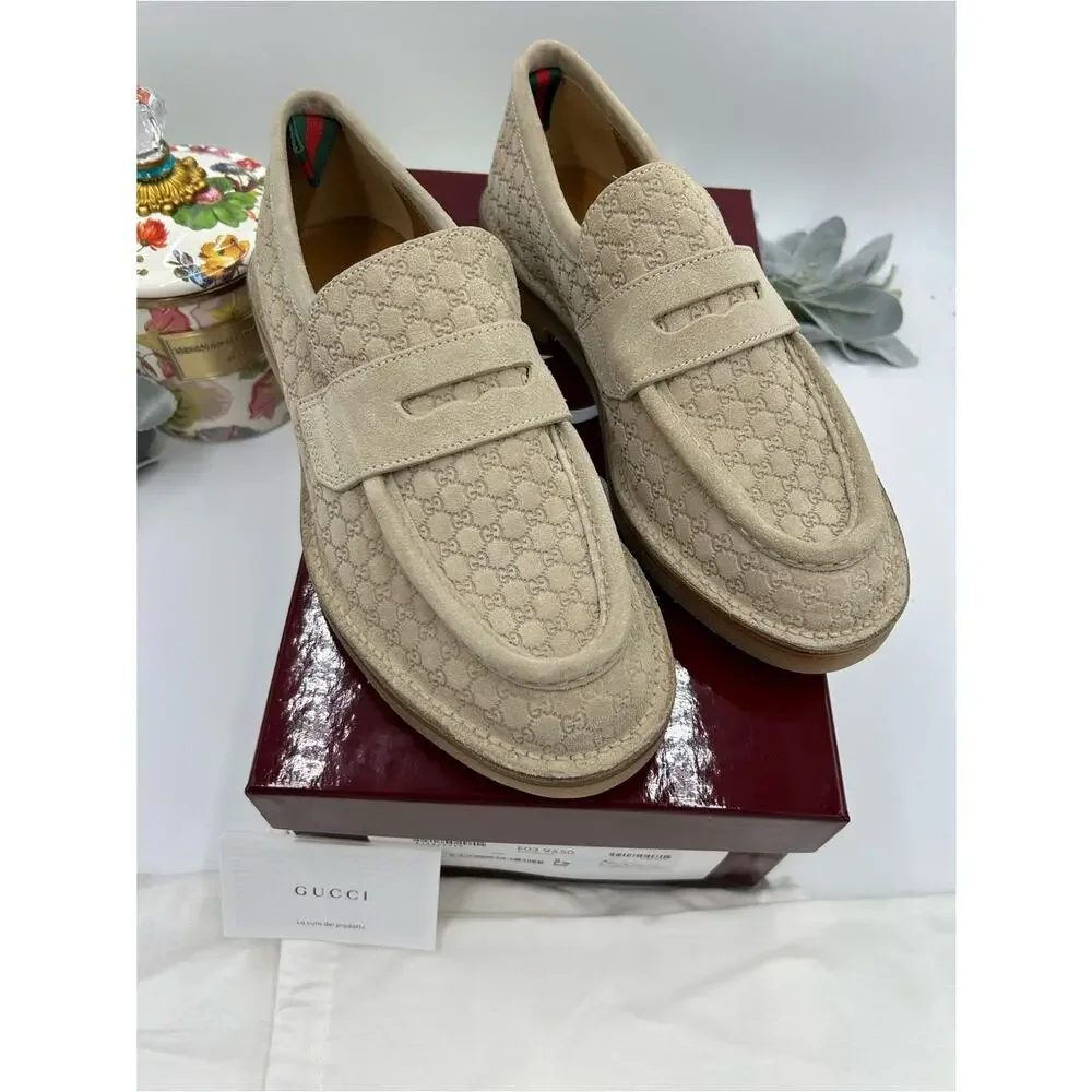 Gucci Men's oatmeal Suede GG Logo Penny Loafers size 8 made in Italy